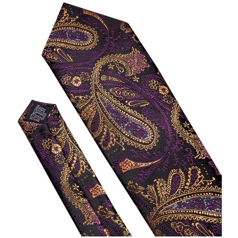 Men's Purple And Yellow Paisley 100% Silk Neck Tie With Matching Hanky And Cufflinks Set, 4 of 5
