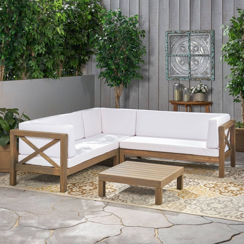 Photos - Garden Furniture Brava 4pc Wood Patio Chat Set w/ Cushions - White - Christopher Knight Hom