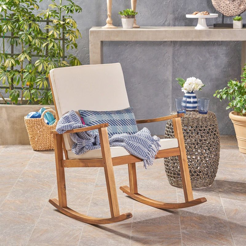 Candel Acacia Wood Rocking Patio Chair Teak / Cream - Christopher Knight Home, 3 of 9