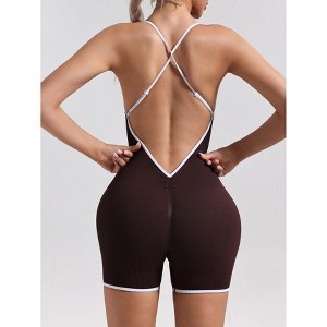 Women Seamless Cross-Back Design Jumpsuit Contrasting Color Straps One-Piece Shorts - 1 of 4