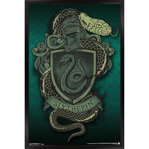 Trends International The Wizarding World: Harry Potter - Slytherin Snake  Crest Framed Wall Poster Prints Black Framed Version 22.375 x 34