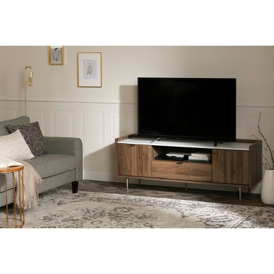 Natural Walnut and Faux Carrara Marble TV Stand with Cabinet