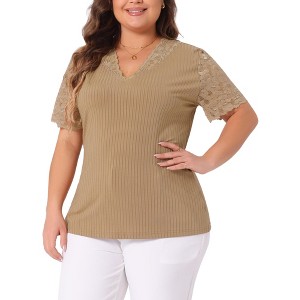 Agnes Orinda Women's Plus Size Summer V Neck Short Sleeve Elegant Lace Ribbed Knit Tunic Blouse - 1 of 4