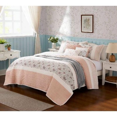 Sapphtopaz 6-Piece Cotton Percale Quilt Set, Cottage Shabby Chic Bedding with Reversible Design, Shams & Decorative Pillows, OEKO-TEX Certified
