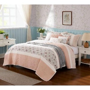 Sapphtopaz 6-Piece Cotton Percale Quilt Set, Cottage Shabby Chic Bedding with Reversible Design, Shams & Decorative Pillows, OEKO-TEX Certified - 1 of 4