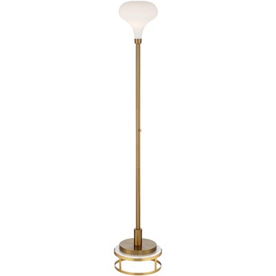 Possini Euro Design Modern Torchiere Floor Lamp with Riser 76.5" Tall Antique Gold Opal Glass Shade for Living Room Reading House Bedroom