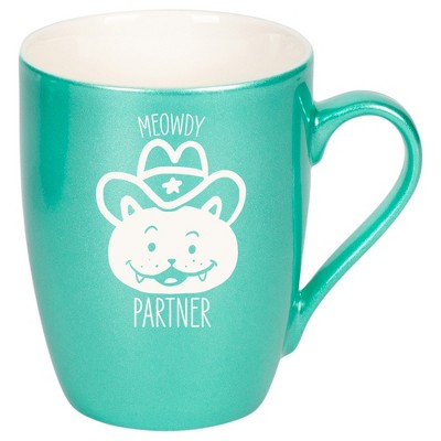 100 North Cowboy Hat Kitten 10 Ounce Seafoam Metallic Finish, Comfortably Fits Your Hands, New Bone China Coffee Tea Cup Mug, Meowdy Partner