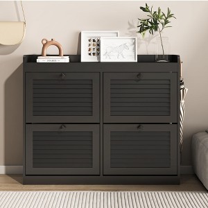 Large Shoe Storage Cabinet with 4 Flip Drawers, Freestanding Narrow Shoe Organizer with Hooks and Storage, Hidden Shoe Organizer for Foyer, Hallway - 1 of 4