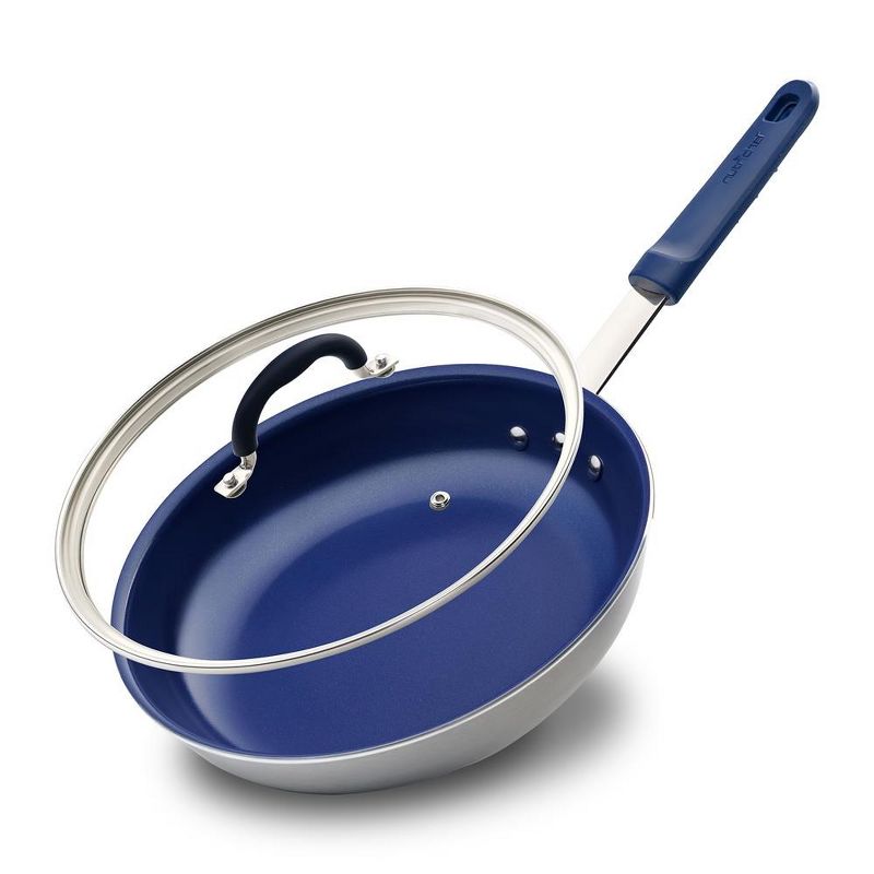 NutriChef 10" Fry Pan With Lid - Medium Skillet Nonstick Frying Pan with Silicone Handle, Ceramic Coating, Blue Silicone Handle, 1 of 4