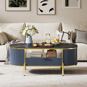 48 Inch Oval Coffee Table with Storage, Modern Luxury Coffee Table with Drawer and Faux Marble Top - 1 of 4