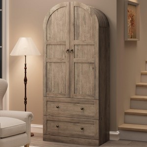 71" Tall Arched Bookcase Cabinet, Wood Arched Bookshelf with Doors & Drawers - 1 of 4