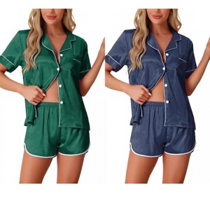 INSPIRE CHIC Women's 2 Pcs Satin Pajamas Silky Short Sleeve Button Down Pajama Sets - 1 of 4