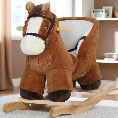 Mshliw Plush Rocking Horse for Toddlers 18–36 Months with Sound Effects, Wooden Base, 3-Sided Seat, Footrest & Safety Belt, Halloween gift