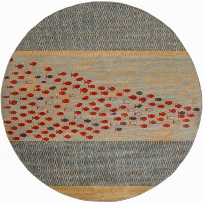 Blue and Light Blue Round Synthetic Easy Care Rug