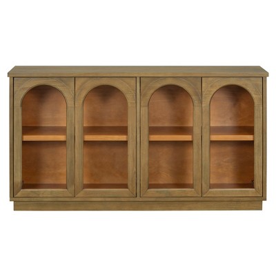 Hostack 4-Door Sideboard Cabinet with Glass Doors, Large Storage Sideboard with Adjustable Shelves for Kitchen and Dining Room, Old Pine