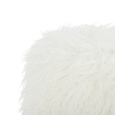 Posh White Faux Fur and Brass Square Ottoman