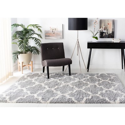 Grey and Cream Geometric Plush Shag Area Rug 5'3" x 7'6"