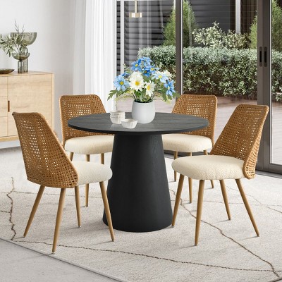 5-Piece Modern Round Dining Table Set, 35" Pedestal Table with 4 Upholstered Rattan Back Dining Chairs, Space Saving Design-Maison Boucle