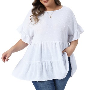 Women's Plus Size Swiss Dots Crew Neck Ruffle Short Sleeve Tiered Back Tie Summer Blouses - Agnes Orinda - 1 of 4