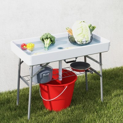 White Folding Steel Ice Cooler Table with Drain and Storage Shelf