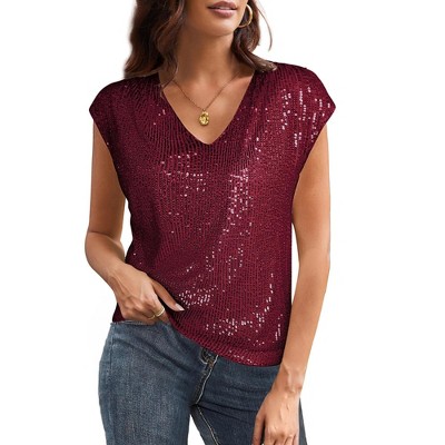 Womens V Neck Glitter Sequins Shirts Tops Cap Sleeve Modest Club Tops Sequins Party Shirts Party Tee Blouse Tops for Party