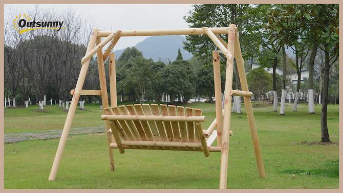 Outsunny 6.5' Outdoor Rustic Loveseat Solid Wood Natural Log Garden Swing, 2 of 10, play video
