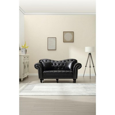 Luxurious Chesterfield Faux Leather Loveseat Tufted Upholstered Couch with Pillows Wooden Leg - Morden Fort