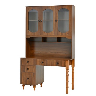 INFURNIC Decorative Bookshelf Office Desk with 5 Storage Drawers and Transparent Glass-Door Bookshelf for Home Office, Bedroom, Walnut, 35.25"*23"*8"