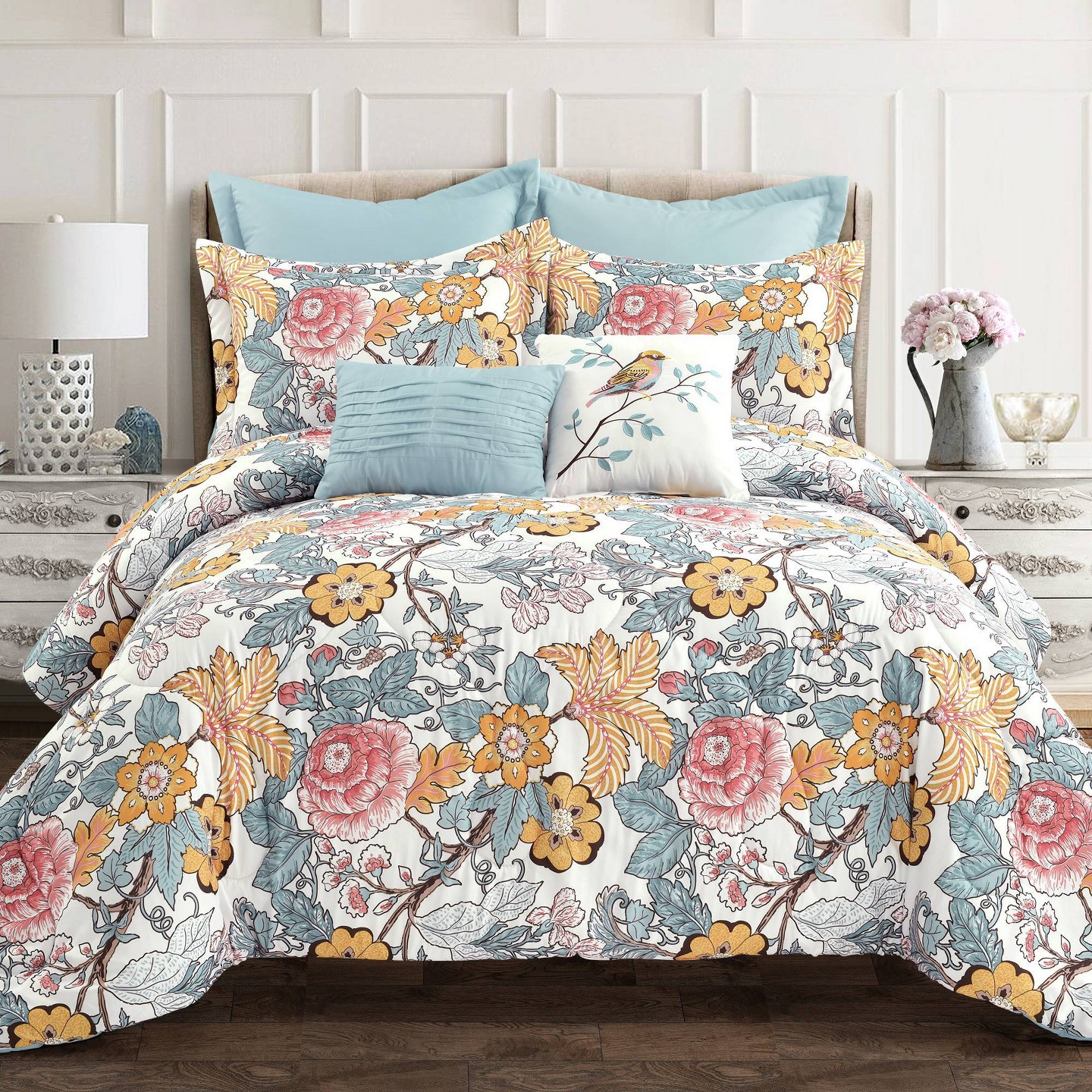 Комплект с одеялом Lush Decor Full/Queen 7pc Sydney Comforter Set Blue/Yellow - Lush Décor: Microfiber Bedding with Botanical Pattern & Pleated Design, цвет: Синий — фото 1
