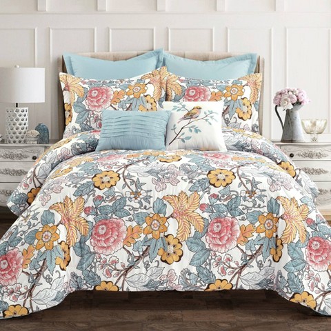 Lush Decor Full/Queen 7pc Sydney Comforter Set Blue/Yellow - Lush Décor: Microfiber Bedding with Botanical Pattern & Pleated Design