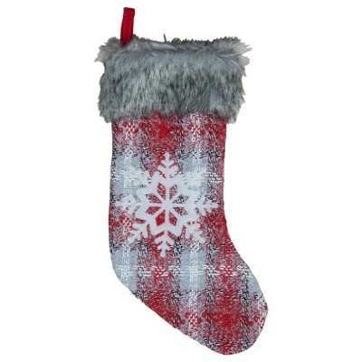 Northlight 18-Inch Red and White Plaid Faux Fur Christmas Stocking with Snowflake