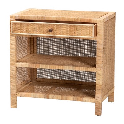 Bella Natural Brown Mahogany Wood and Rattan 1-Drawer Console Table