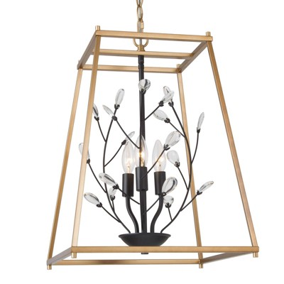LNC Daenerys 3-Light 15" Modern Cage Small Crystal Chandelier, Gold and Black