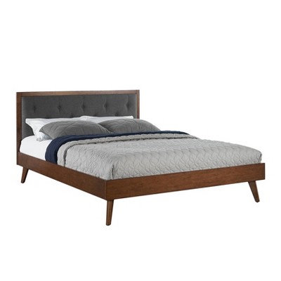 Elegant Walnut Queen Platform Bed with Tufted Gray Upholstery