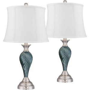 Regency Hill Arden 25" High Twist Modern Coastal Table Lamps Set of 2 Green-Blue Glass White Shade Living Room Bedroom Bedside Nightstand House Office - 1 of 4