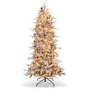 Tangkula 6/7.5 FT Pre-lit Artificial Christmas Tree Snow-flocked Hinged Xmas Tree with 210/350 Warm White Lights 715/1107 Mixed Branch Tips - 1 of 4
