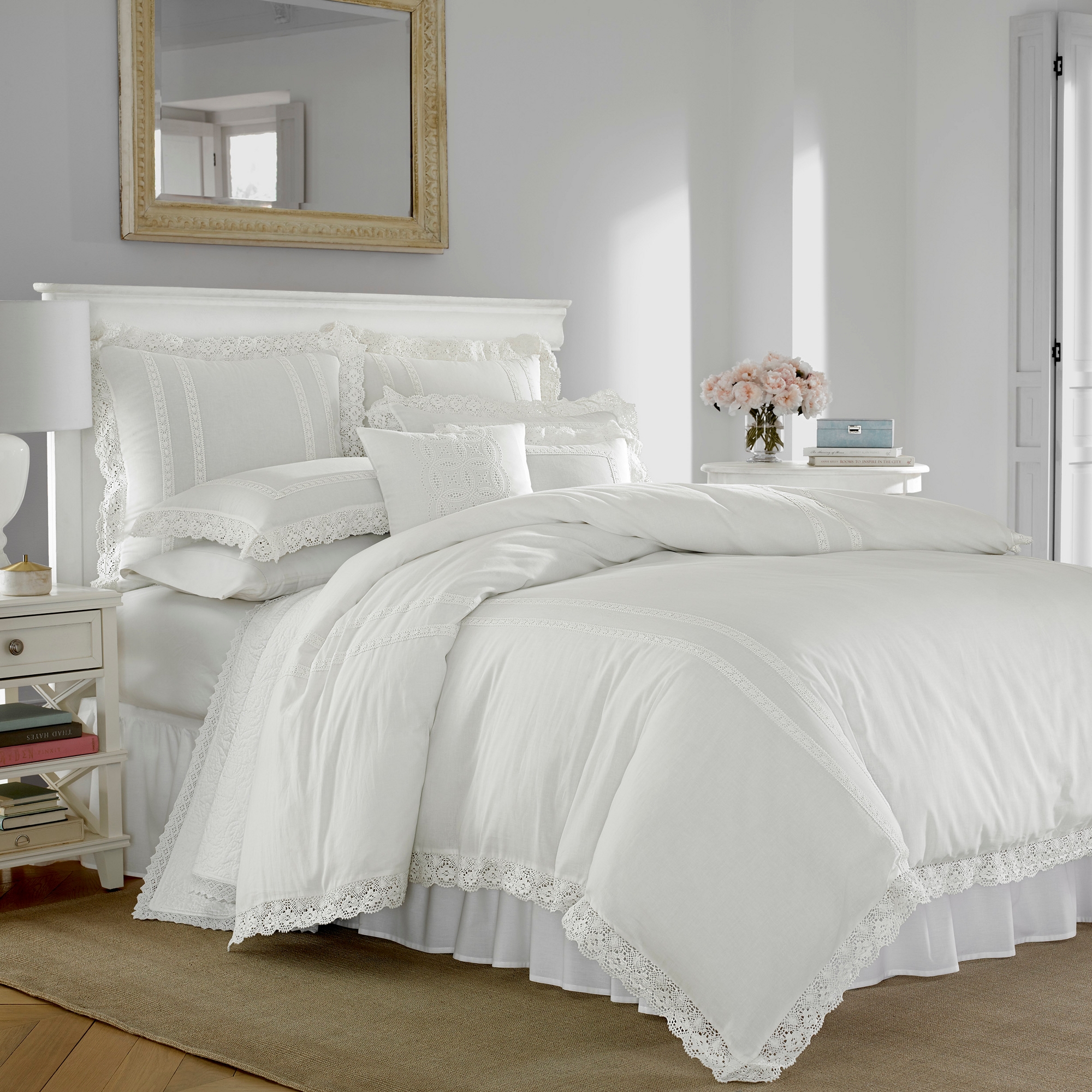 King Annabella Reversible Duvet Cover Set White - Stone Cottage: Laura Ashley Cotton Comforter Cover with Lace Trim, Shabby Chic Style