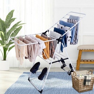 White and Black Steel Freestanding Folding Drying Rack with 2 Tiers