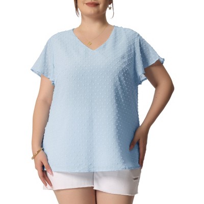 Agnes Orinda Women's Plus Size Swiss Dots V Neck Flare Short Sleeve Summer Casual Blouses