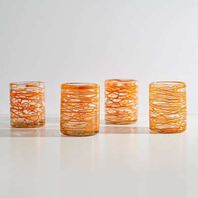 Mexican Handblown Drinking Glasses Set of 4 Orange Swirl - Verve Culture