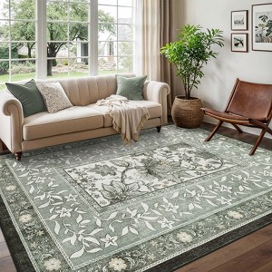 Modern Farmhouse Floral Washable Area Rug for Living Room Machine Washable Non Slip Ultra Thin Low Pile Floor Cover for Bedroom Kitchen Kid's Room - 1 of 4