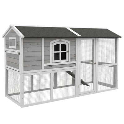 PawHut Wooden Chicken Coop with Run for 3 - 4 Chickens, Hen House with Nesting Box, Removable Tray, 77.5" x 32.5" x 46", Light Gray