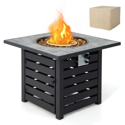 Tangkula 32”Propane Fire Pit Table Square Tabletop Auto-Ignition W/ Rain Cover Lava Rocks