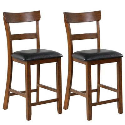 Costway Set of 2 Barstools Counter Height Chairs w/Leather Seat & Rubber Wood Legs