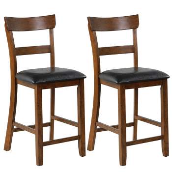 Costway Set of 2 Barstools Counter Height Chairs w/Leather Seat & Rubber Wood Legs