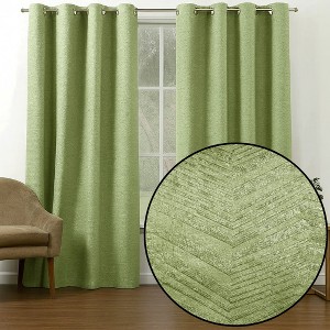 Home Mart Goods 2 Piece Sage Green Solid Silky Geometric Embossed Blackout Grommet Window Curtain Panel Set - 108" Long - 1 of 4