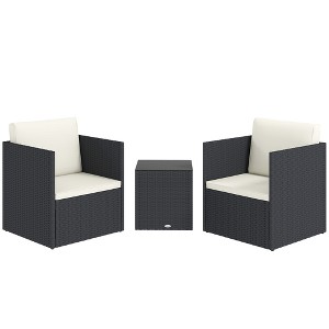 Outsunny 3 Piece Patio Furniture Set, Folding Outdoor Wicker Bistro Set with Cushions and Glass Coffee Table, Easy Assembly for Porch, Balcony, Black - 1 of 4