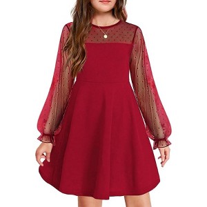 Arshiner Girl's Contrast Mesh Puff Long Sleeve High Waist A Line Short Dress with Pockets for 6-13 Years - 1 of 4