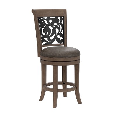 26.75" Bennington Swivel Wood Counter Height Barstool with Ornate Metal Back Inlay/Rustic Oak - Hillsdale Furniture
