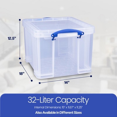 Clear 32L Plastic Stackable Storage Boxes with Blue Handles, Set of 3